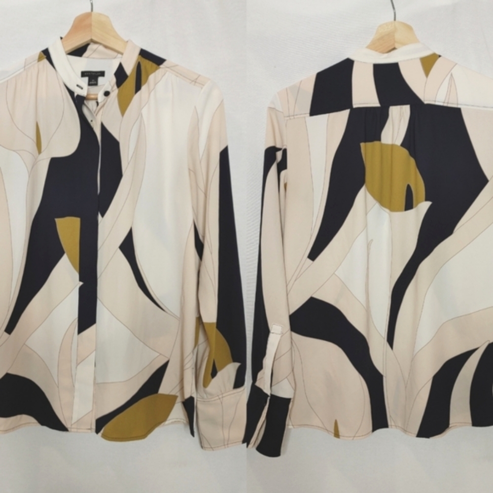 Ann‎ Taylor Blouse Top Long Sleeve Button Front Abstract Cream Blue Pink XS